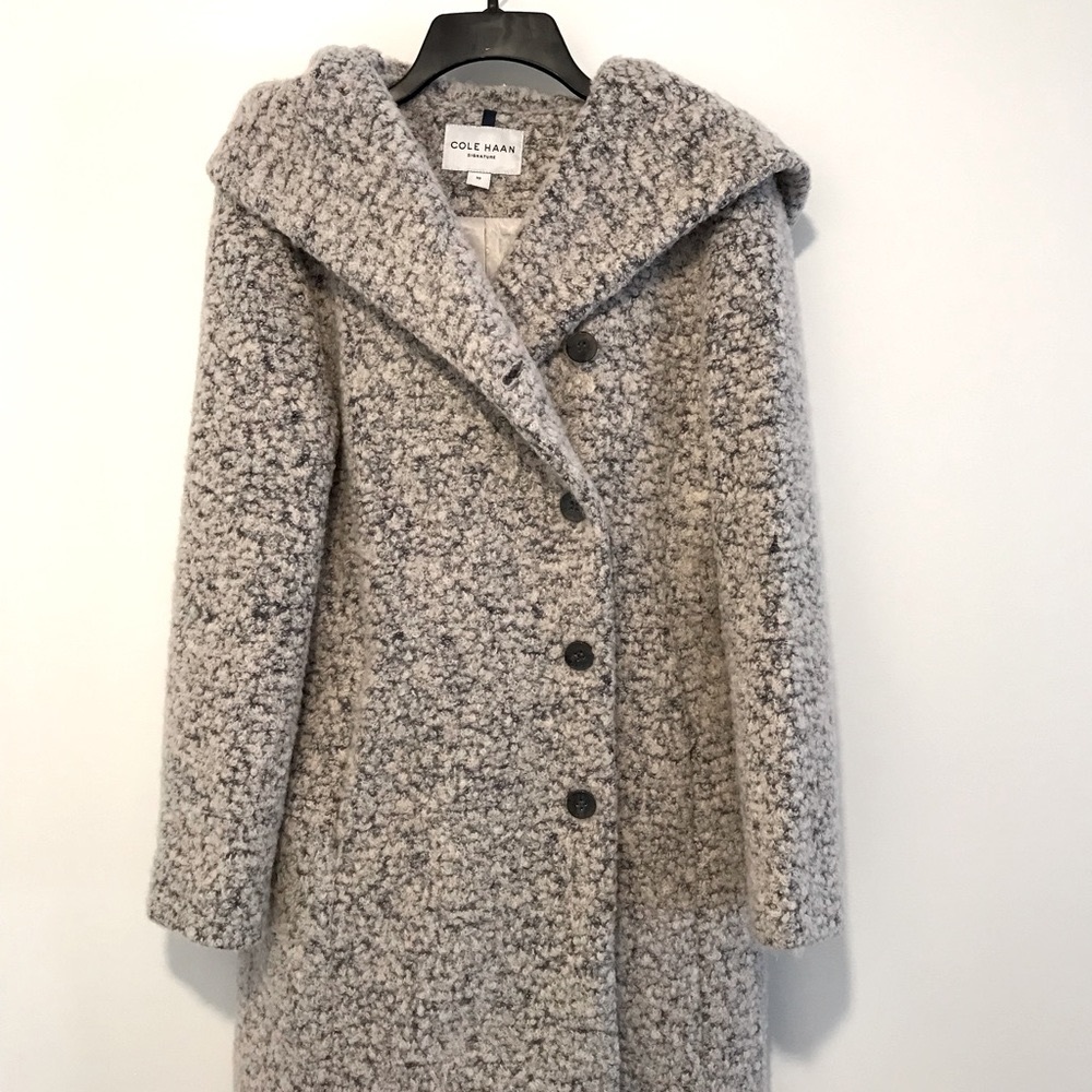 Cole Haan Signature hooded boucle coat.